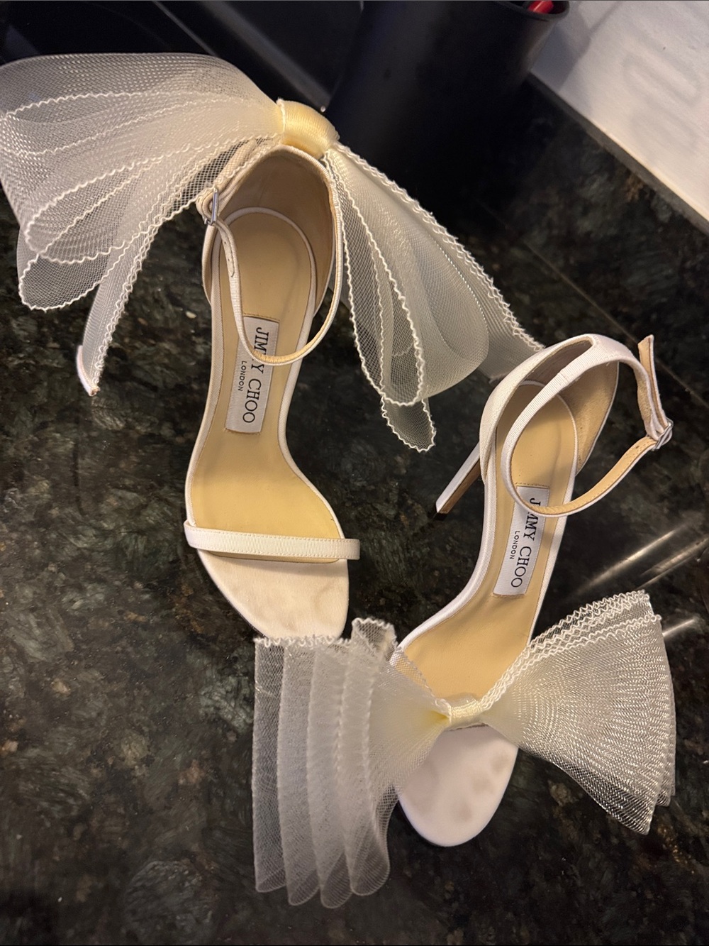 Jimmy Choo White Satin Tulle Bow Stiletto Heels - Picture 10 of 11